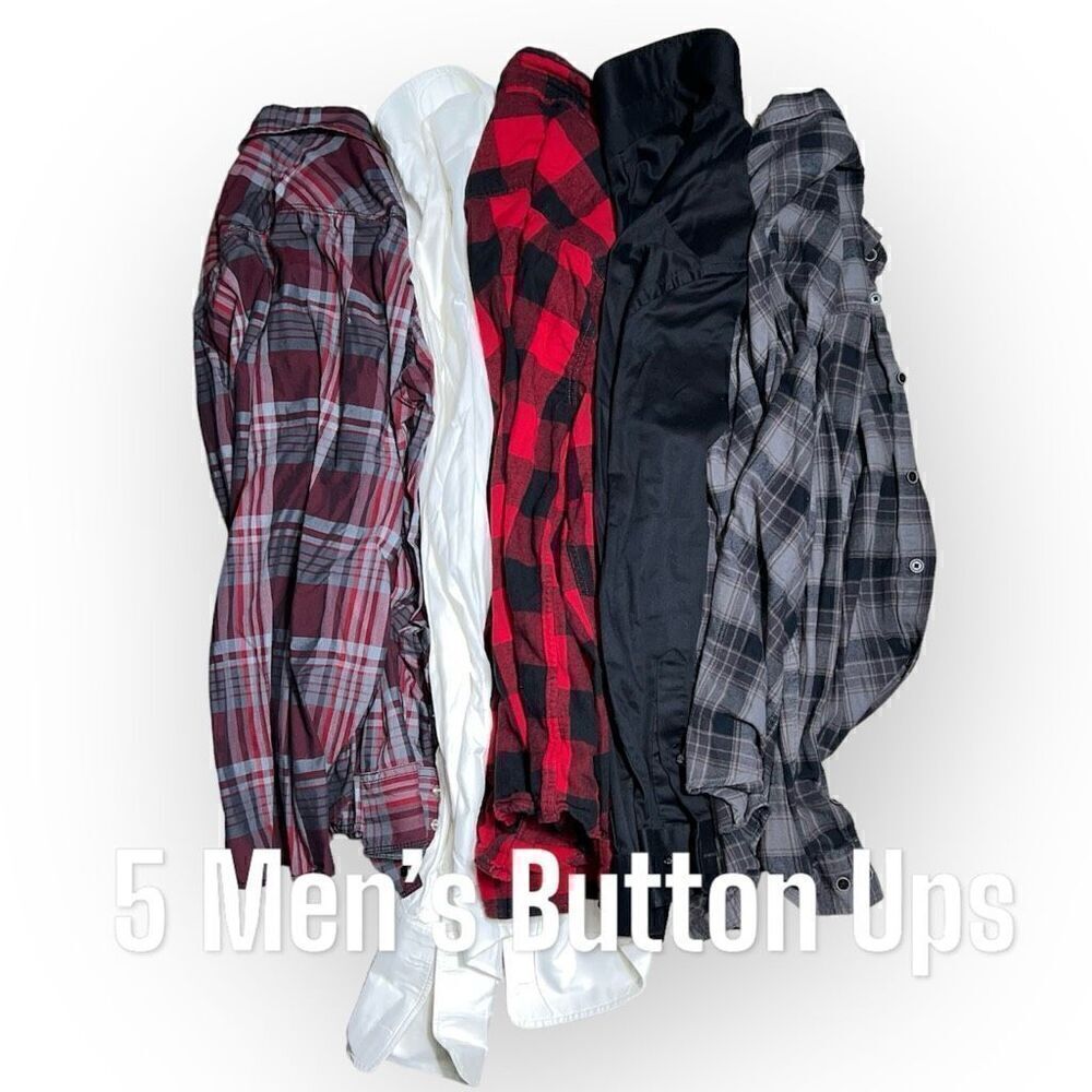 5 Men’s Button up Shirt Lot, Plaid, Buffalo Checks Solid Black & White, M/L